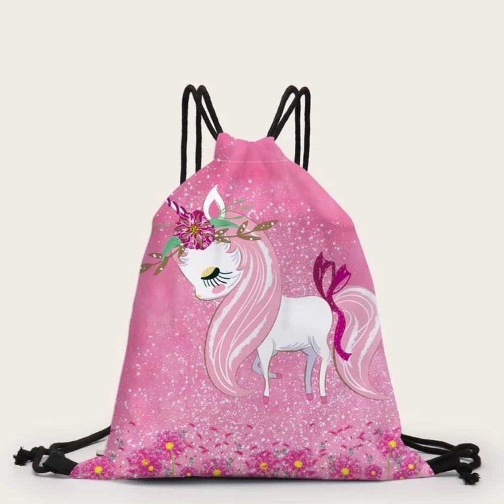 Sparkly Pink Unicorn Print Drawstring Backpack